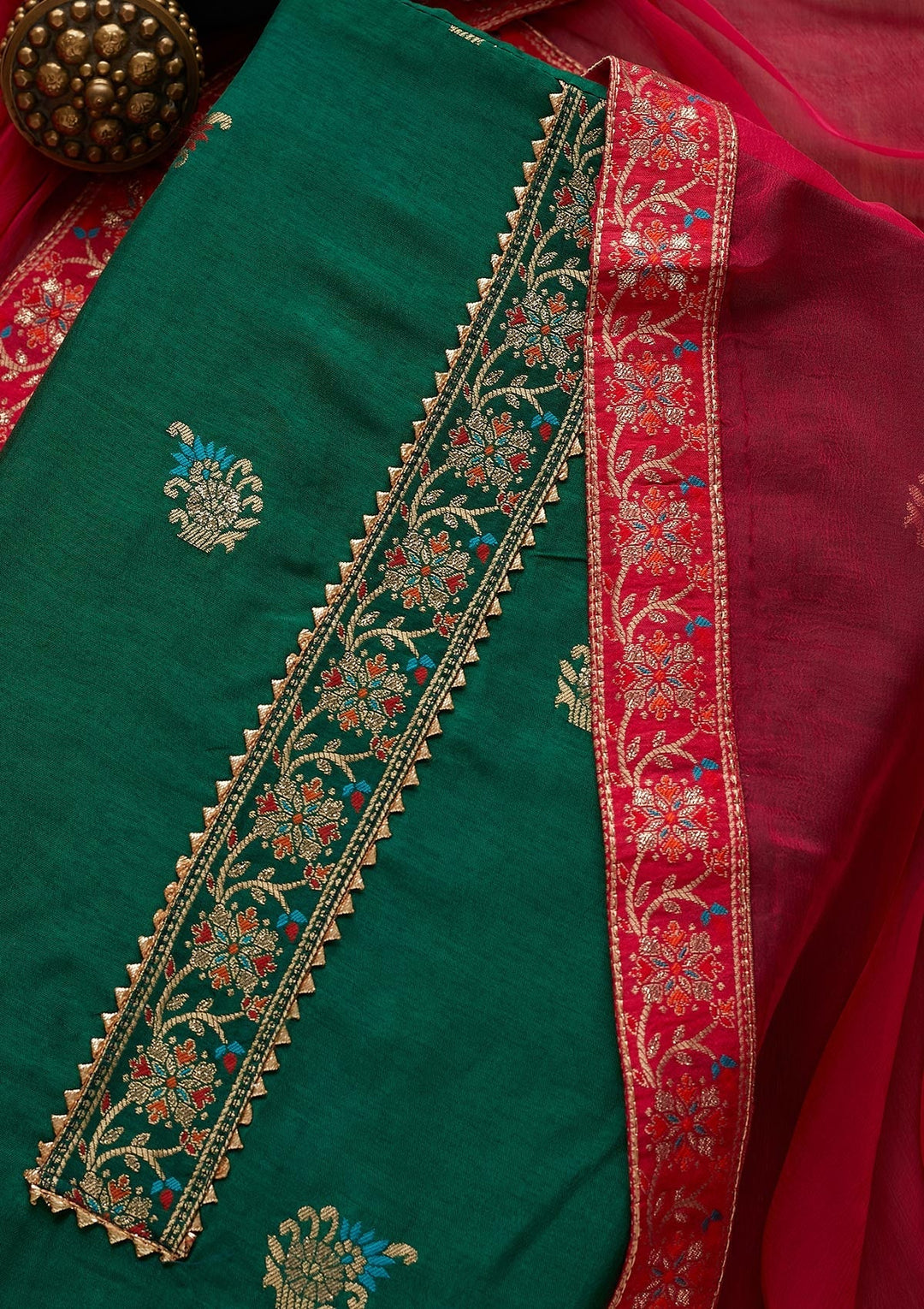 Bottle Green Zariwork Semi Crepe Semi-Stitched Salwar Suit-Koskii