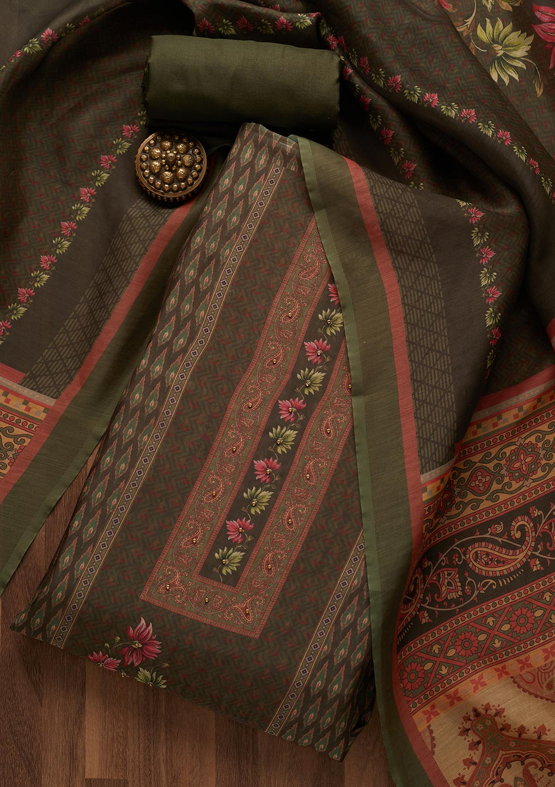 Bottle Green Zariwork Semi Crepe Semi-Stitched Salwar Suit-Koskii