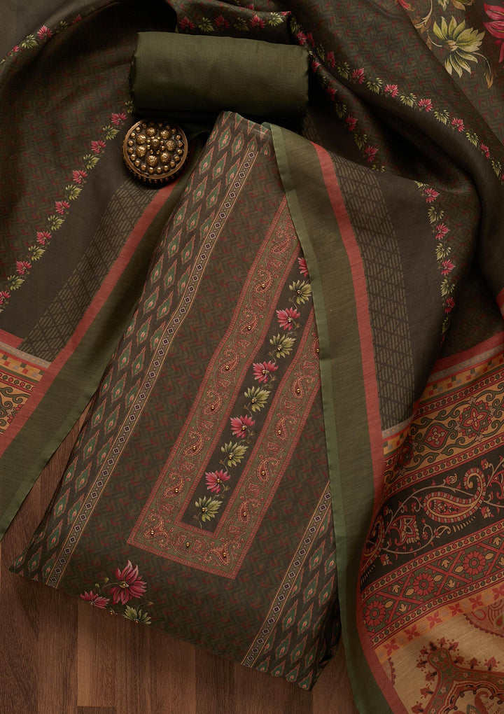 Bottle Green Zariwork Semi Crepe Semi-Stitched Salwar Suit-Koskii