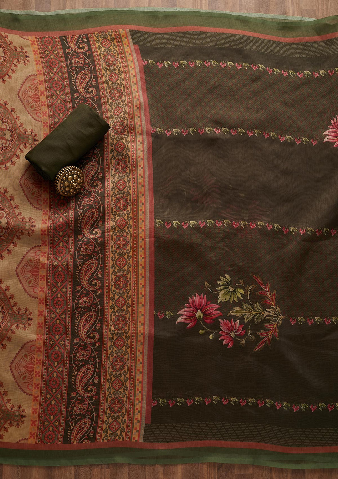 Bottle Green Zariwork Semi Crepe Semi-Stitched Salwar Suit-Koskii