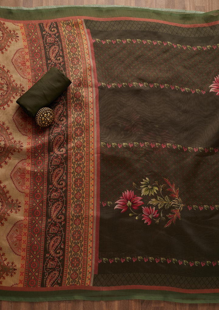 Bottle Green Zariwork Semi Crepe Semi-Stitched Salwar Suit-Koskii