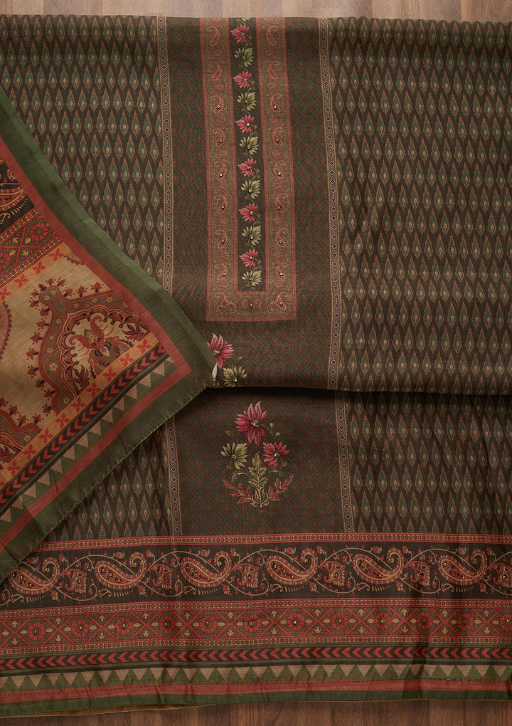 Bottle Green Zariwork Semi Crepe Semi-Stitched Salwar Suit-Koskii