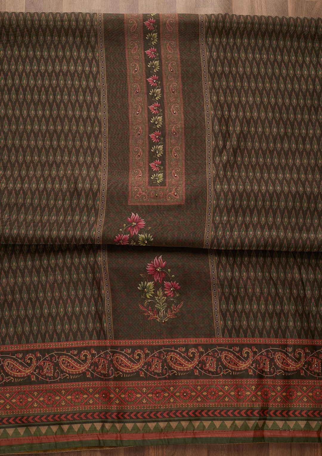 Bottle Green Zariwork Semi Crepe Semi-Stitched Salwar Suit-Koskii