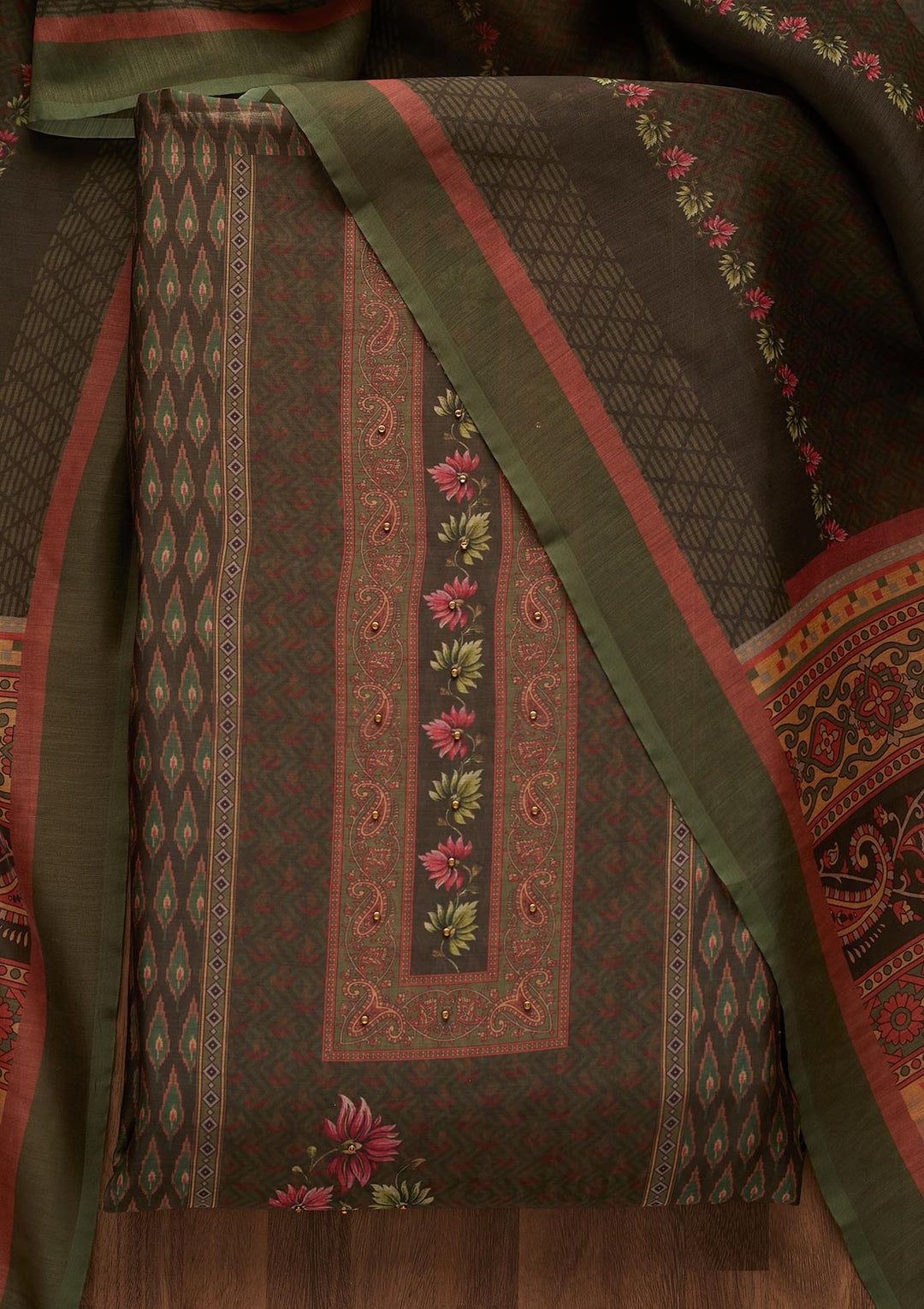 Bottle Green Zariwork Semi Crepe Semi-Stitched Salwar Suit-Koskii