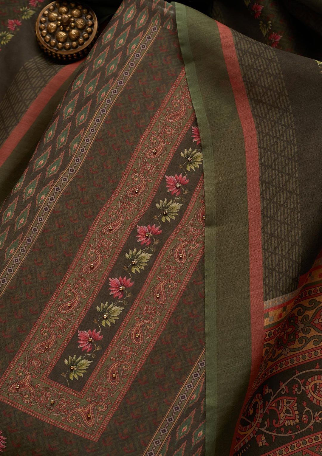 Bottle Green Zariwork Semi Crepe Semi-Stitched Salwar Suit-Koskii