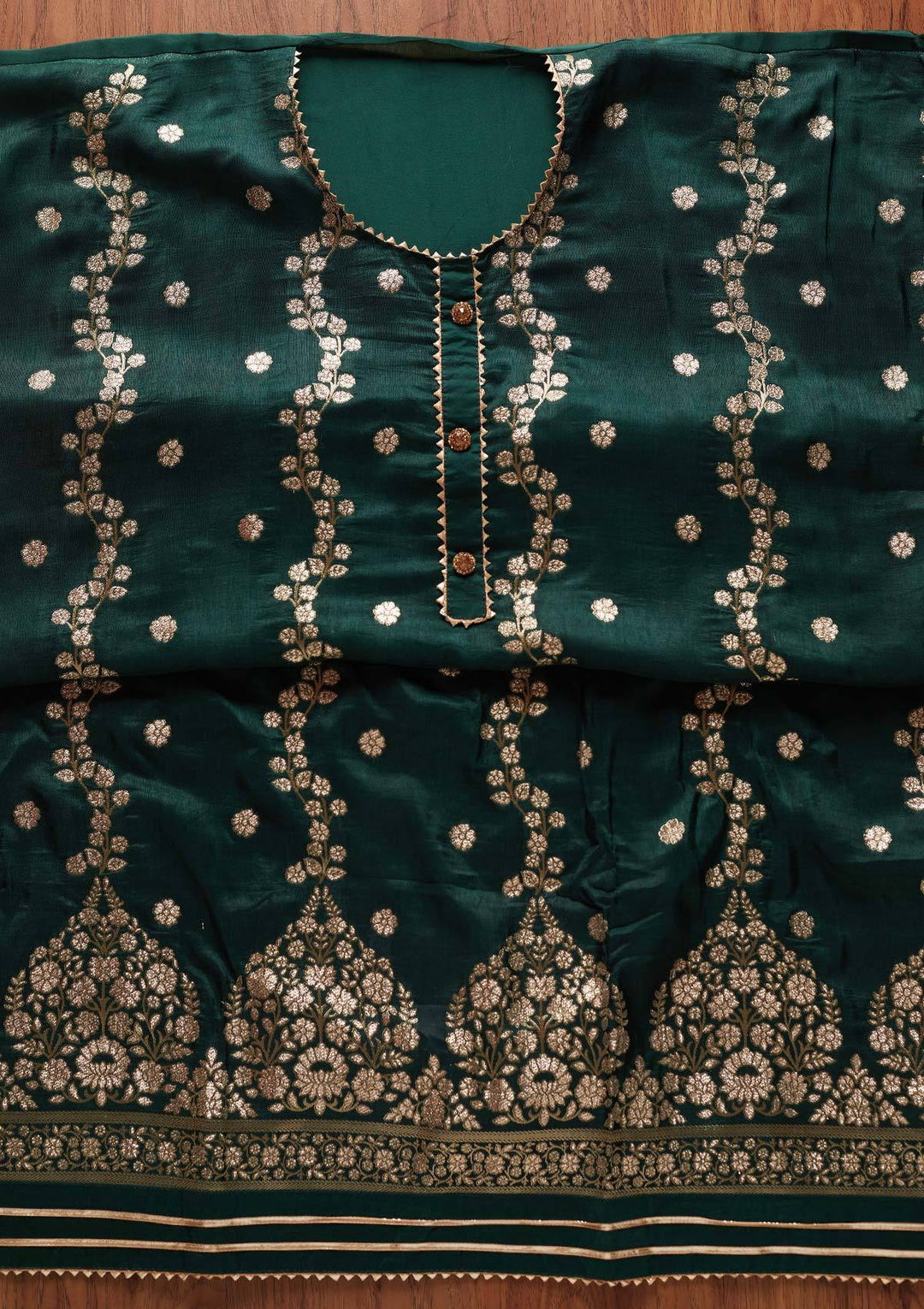 Bottle Green Zariwork Semi Crepe Designer Unstitched Salwar Suit - koskii