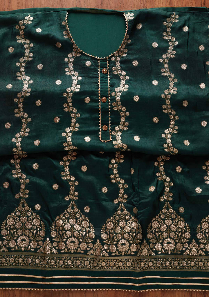 Bottle Green Zariwork Semi Crepe Designer Unstitched Salwar Suit - koskii