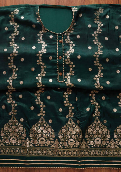 Bottle Green Zariwork Semi Crepe Designer Unstitched Salwar Suit - koskii