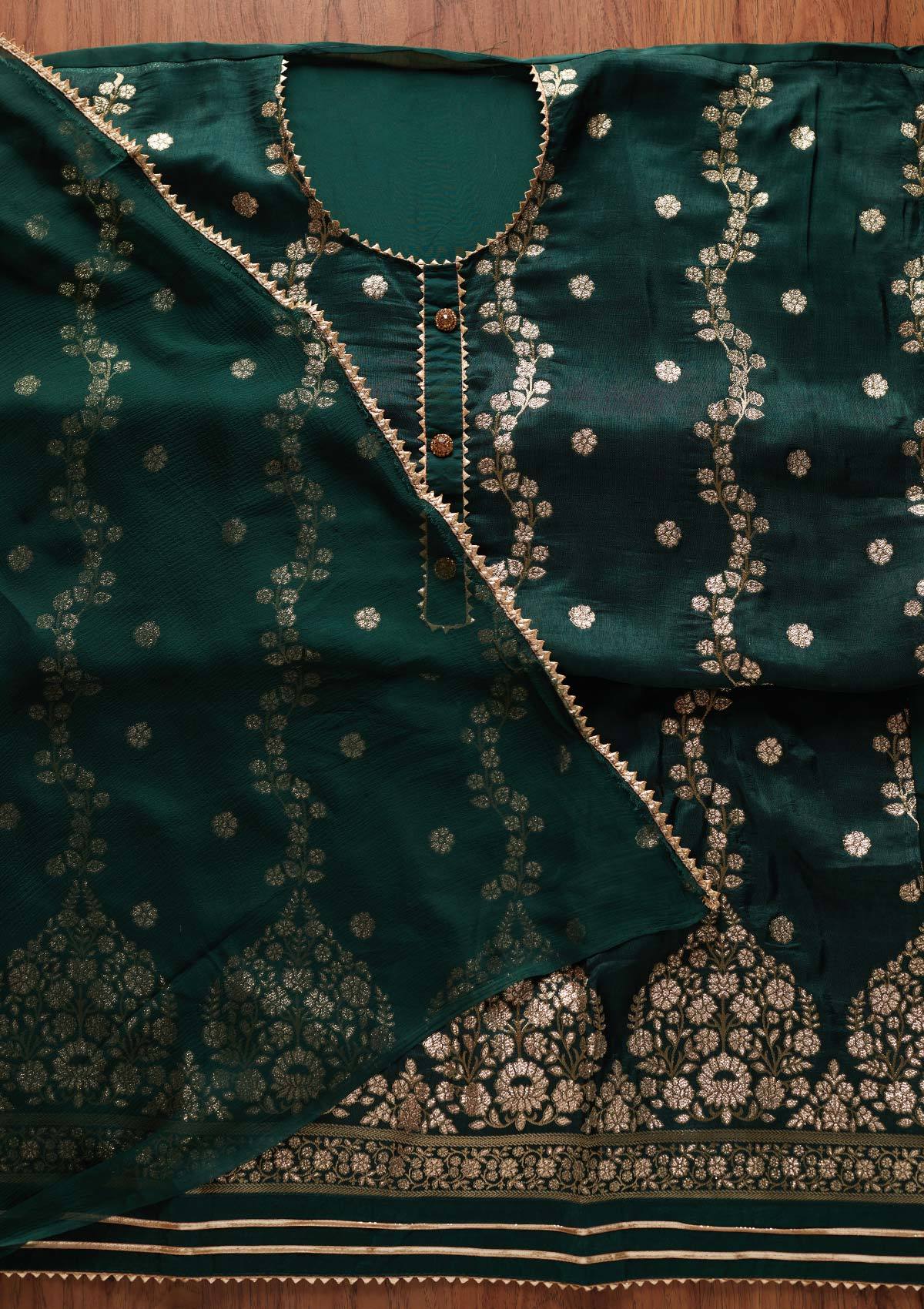 Bottle Green Zariwork Semi Crepe Designer Unstitched Salwar Suit - koskii
