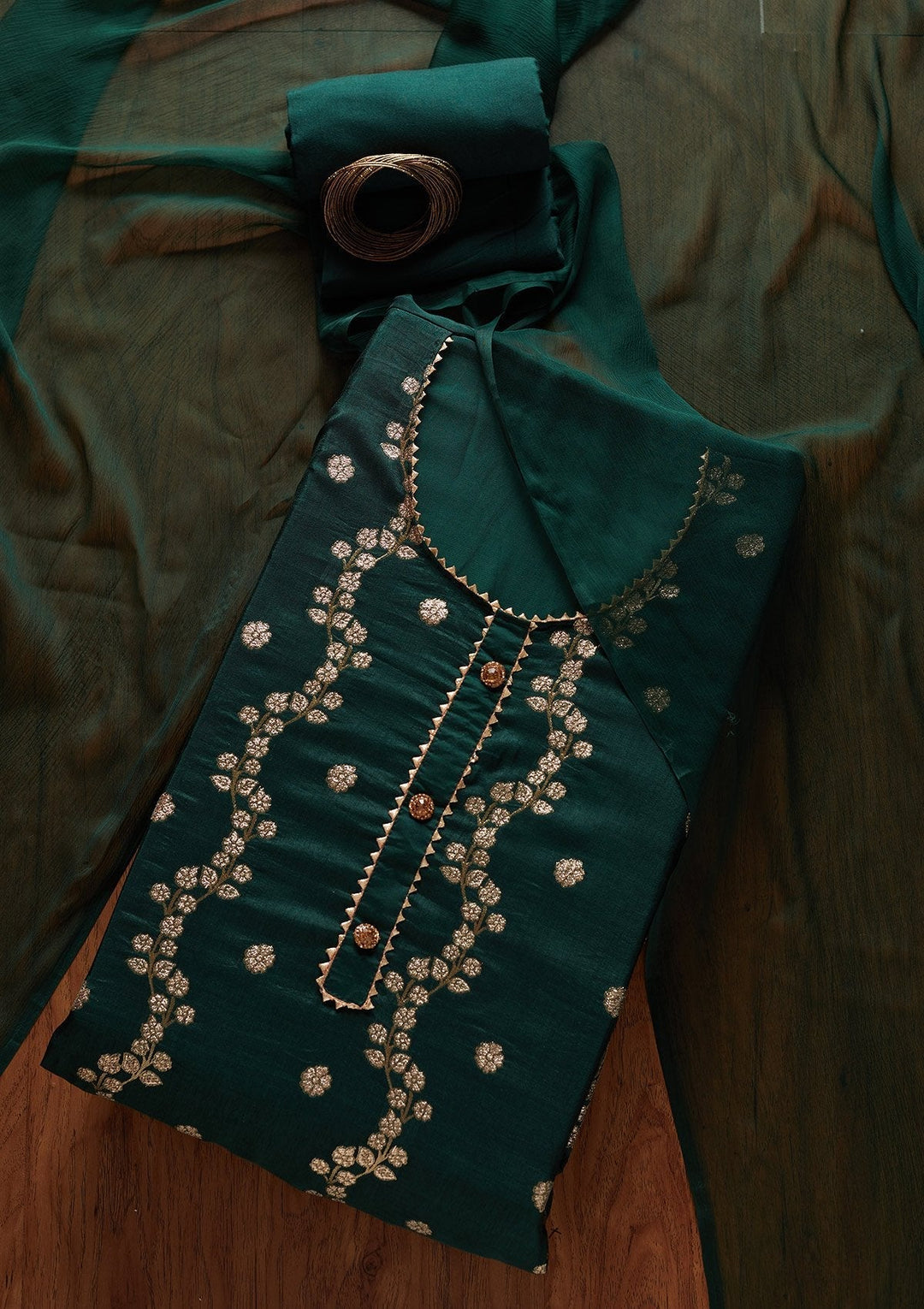 Bottle Green Zariwork Semi Crepe Designer Unstitched Salwar Suit - koskii