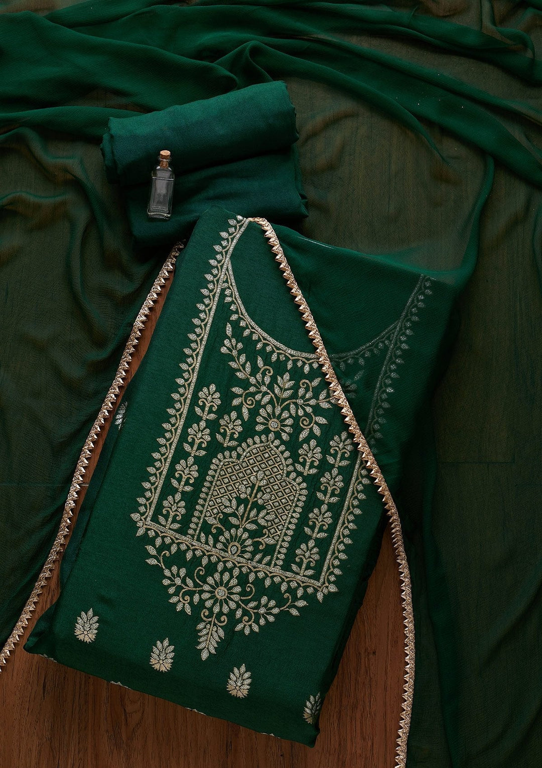 Bottle Green Zariwork Semi Crepe Designer Unstitched Salwar Suit - koskii
