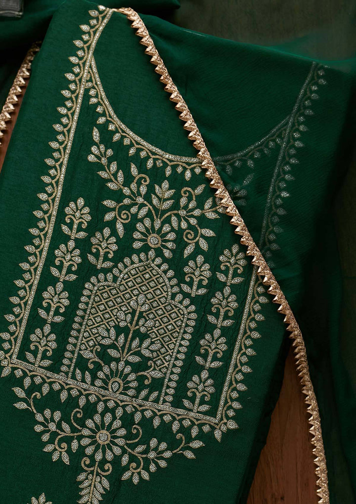 Bottle Green Zariwork Semi Crepe Designer Unstitched Salwar Suit - koskii