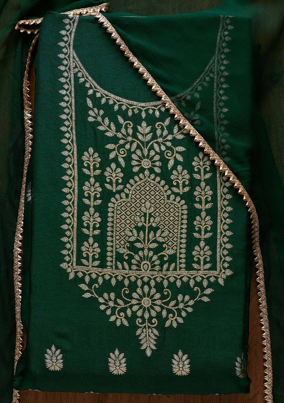 Bottle Green Zariwork Semi Crepe Designer Unstitched Salwar Suit - koskii