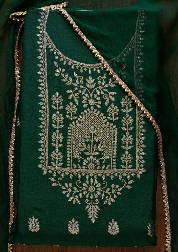 Bottle Green Zariwork Semi Crepe Designer Unstitched Salwar Suit - koskii