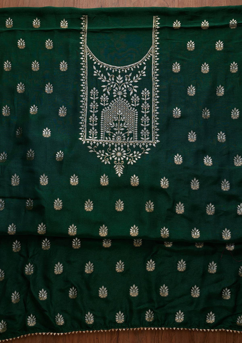 Bottle Green Zariwork Semi Crepe Designer Unstitched Salwar Suit - koskii
