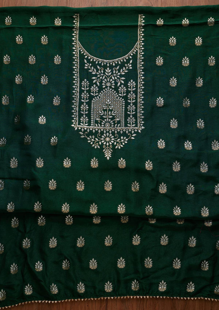 Bottle Green Zariwork Semi Crepe Designer Unstitched Salwar Suit - koskii