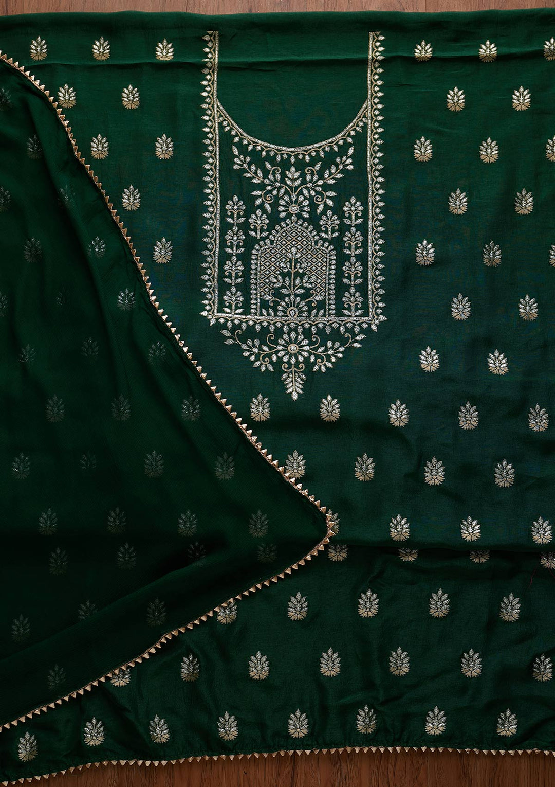 Bottle Green Zariwork Semi Crepe Designer Unstitched Salwar Suit - koskii