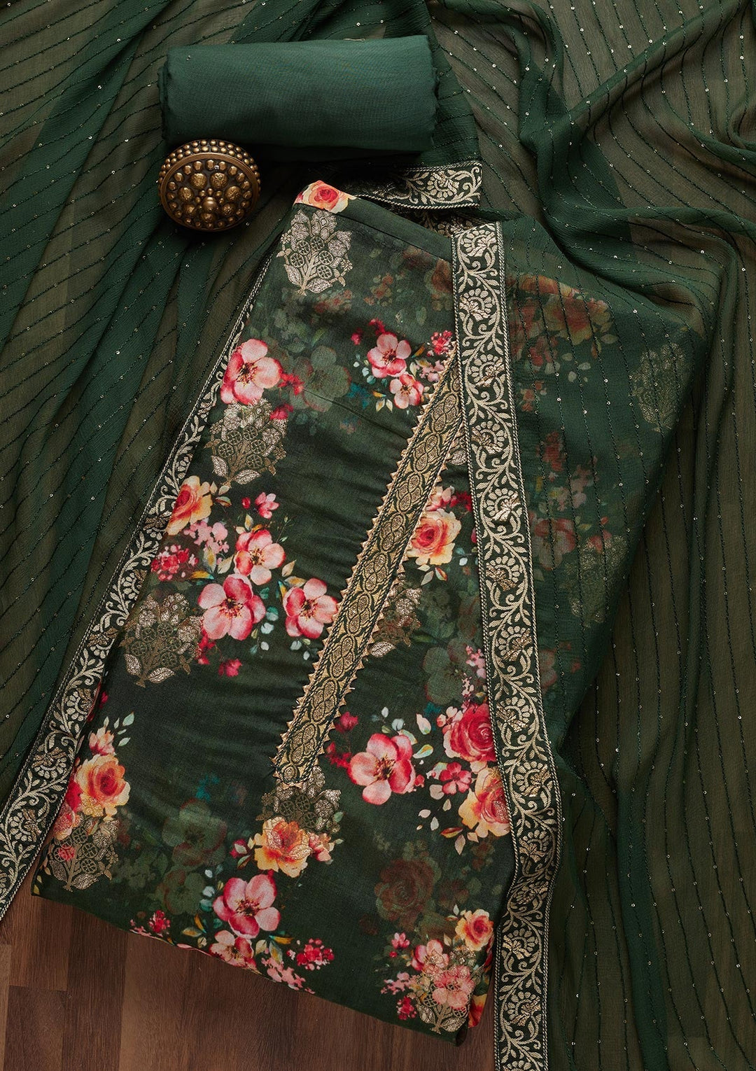 Bottle Green Zariwork Semi Crepe Unstitched Salwar Suit- Koskii