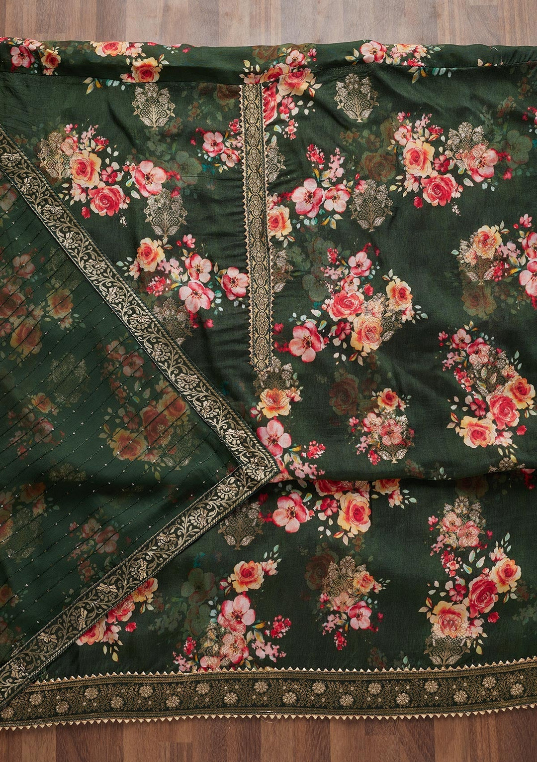 Bottle Green Zariwork Semi Crepe Unstitched Salwar Suit - Koskii