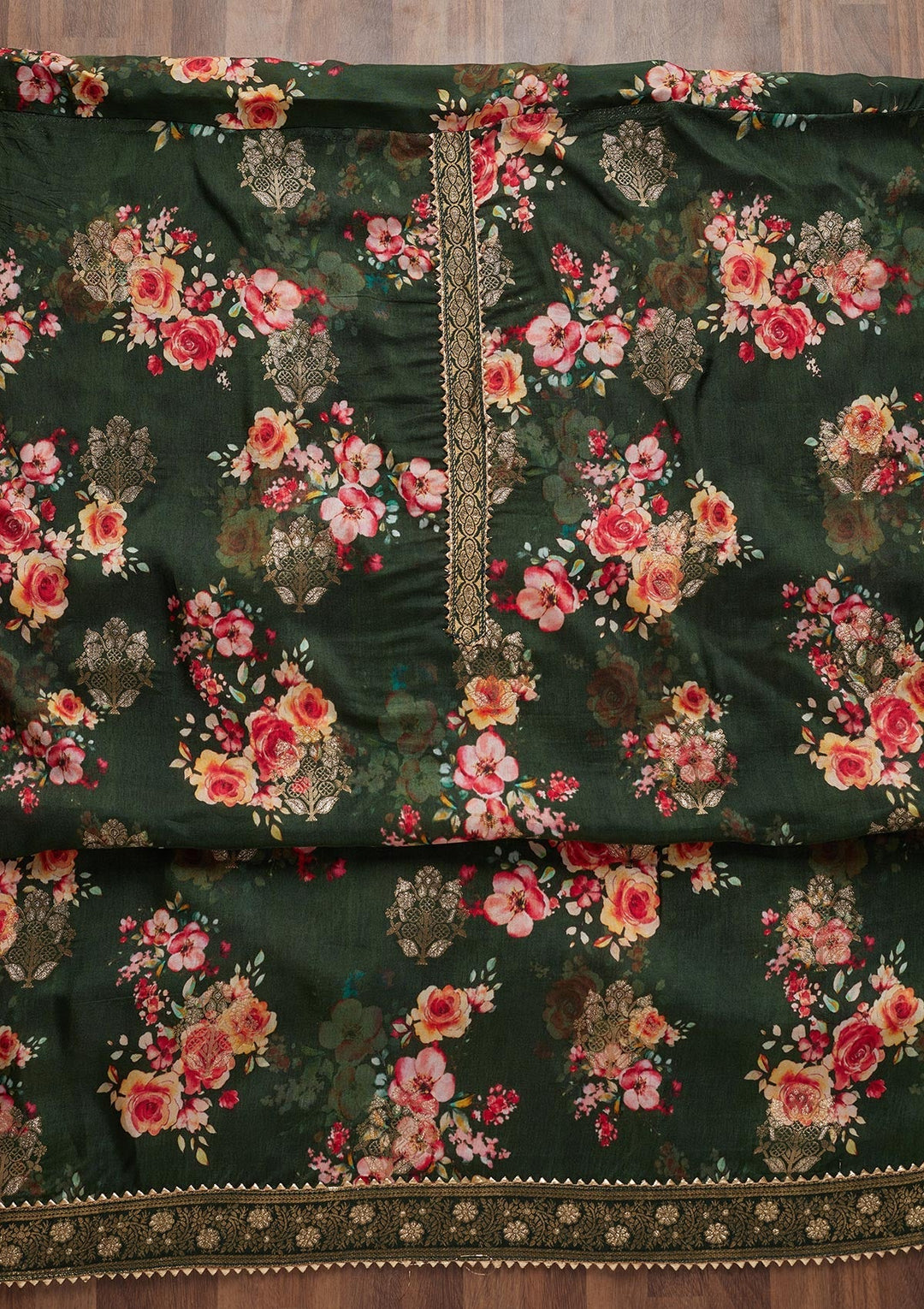Bottle Green Zariwork Semi Crepe Unstitched Salwar Suit - Koskii