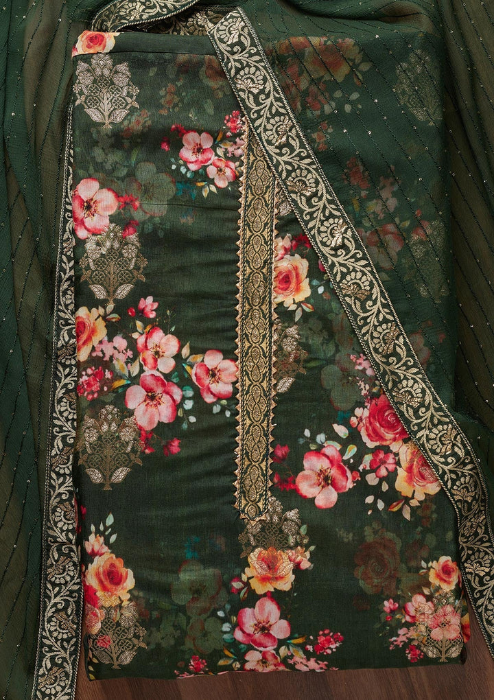 Bottle Green Zariwork Semi Crepe Unstitched Salwar Suit - Koskii