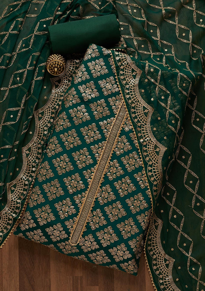 Bottle Green Zariwork Semi Crepe Unstitched Salwar Suit-Koskii