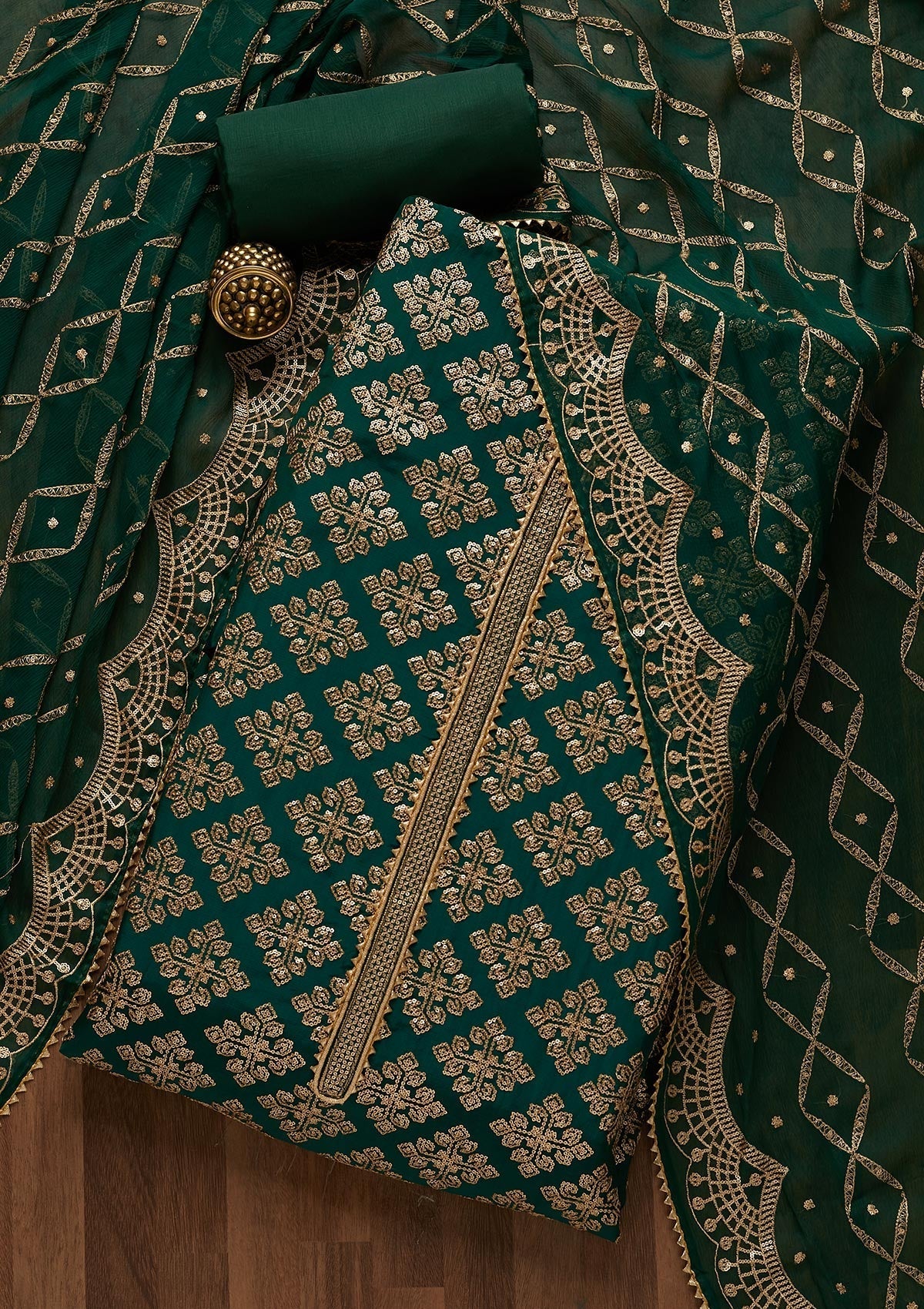 Bottle Green Zariwork Semi Crepe Unstitched Salwar Suit-Koskii