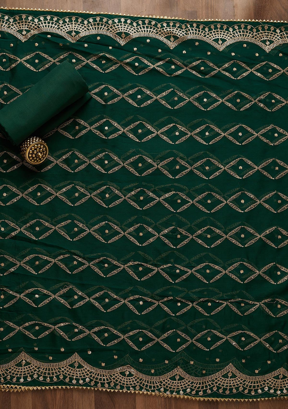 Bottle Green Zariwork Semi Crepe Unstitched Salwar Suit-Koskii