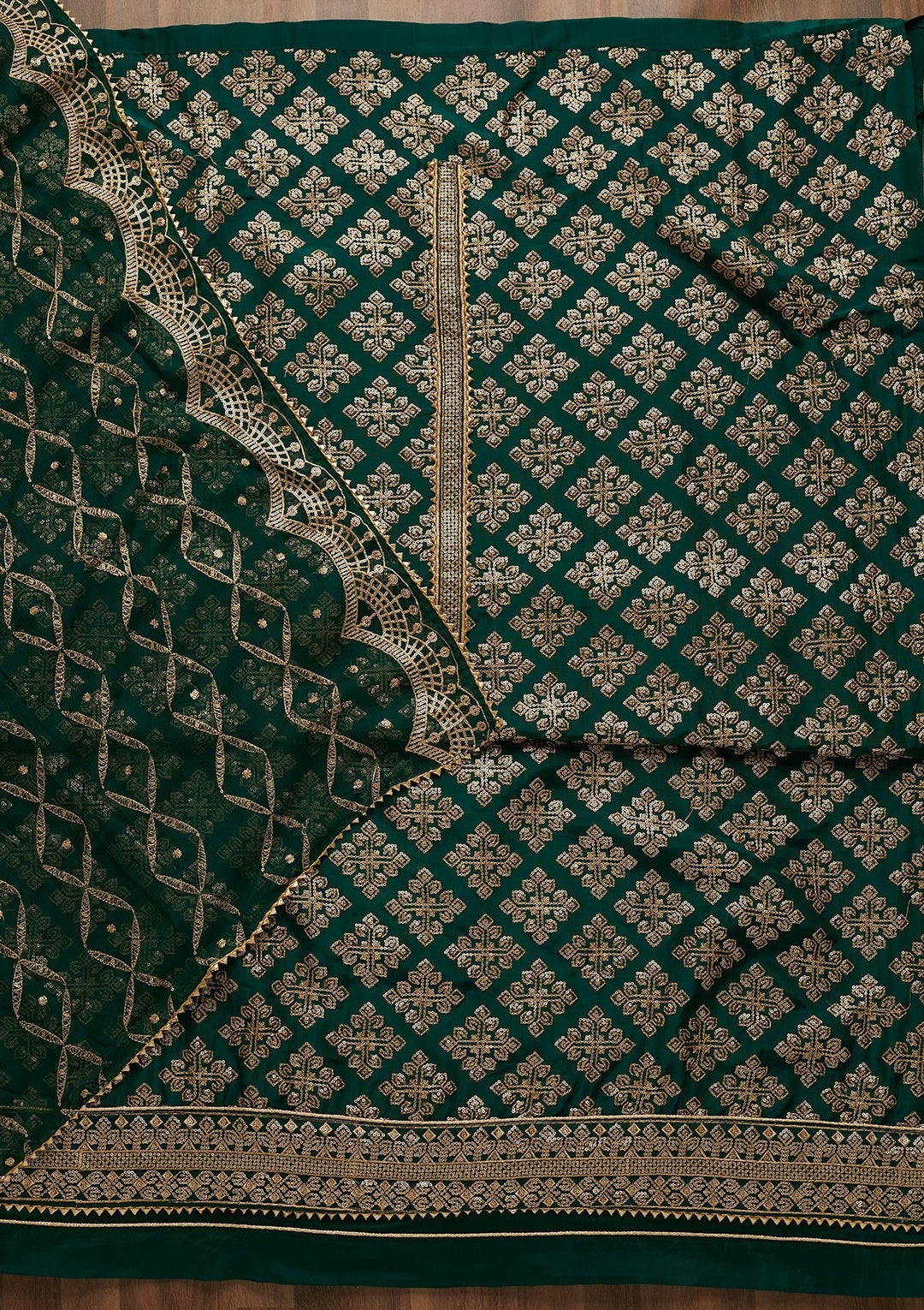 Bottle Green Zariwork Semi Crepe Unstitched Salwar Suit-Koskii