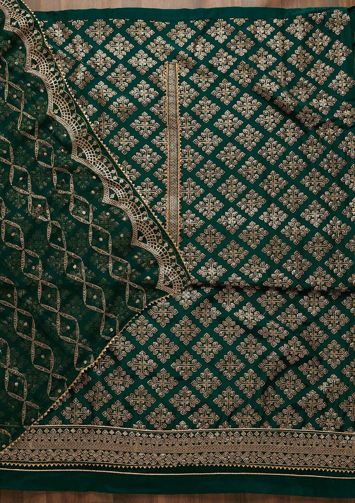 Bottle Green Zariwork Semi Crepe Unstitched Salwar Suit-Koskii