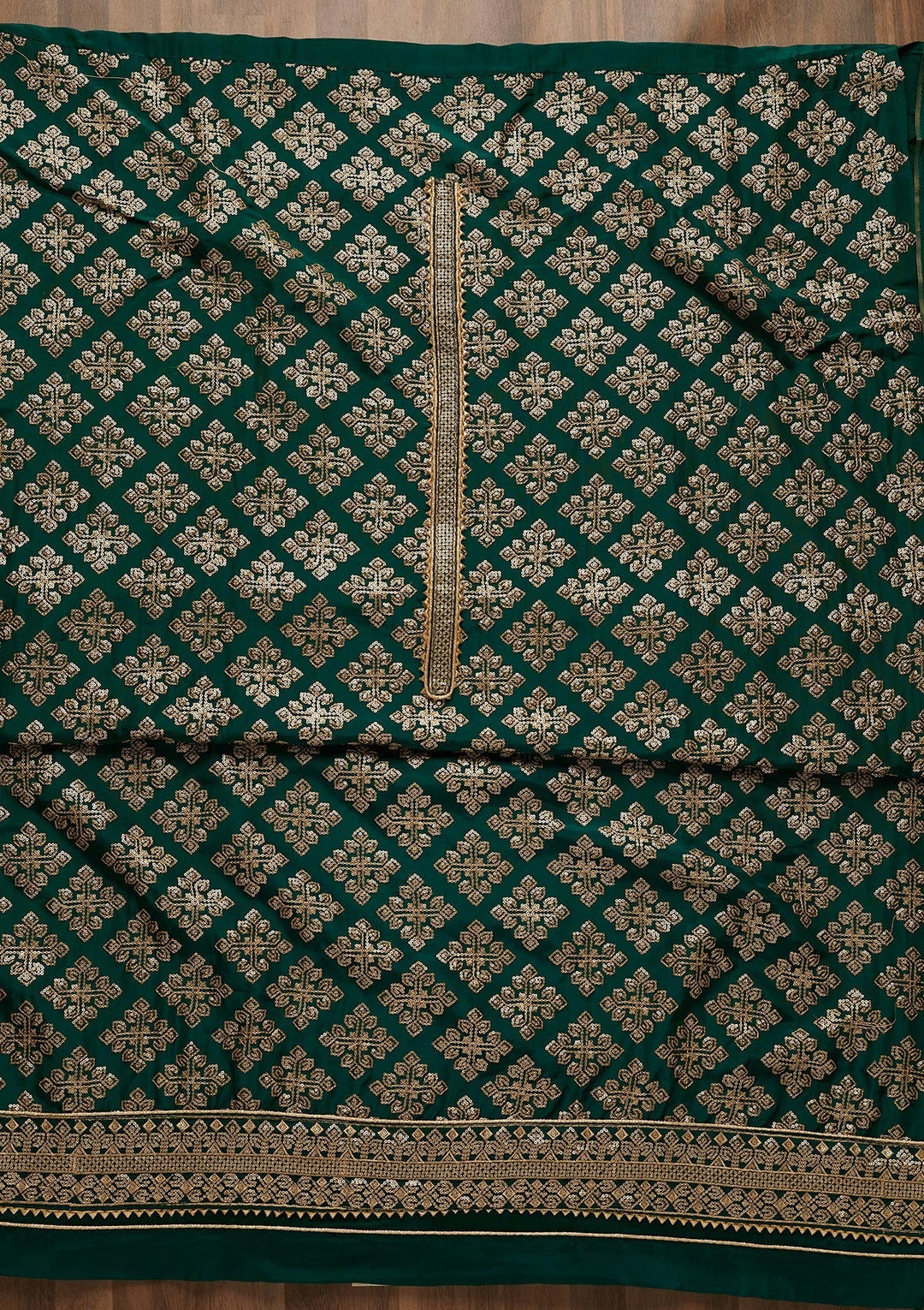 Bottle Green Zariwork Semi Crepe Unstitched Salwar Suit-Koskii