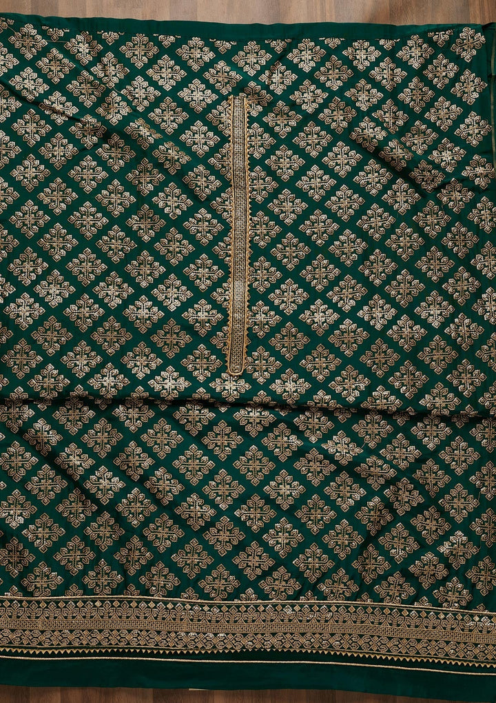 Bottle Green Zariwork Semi Crepe Unstitched Salwar Suit-Koskii