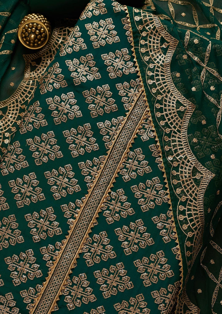 Bottle Green Zariwork Semi Crepe Unstitched Salwar Suit-Koskii