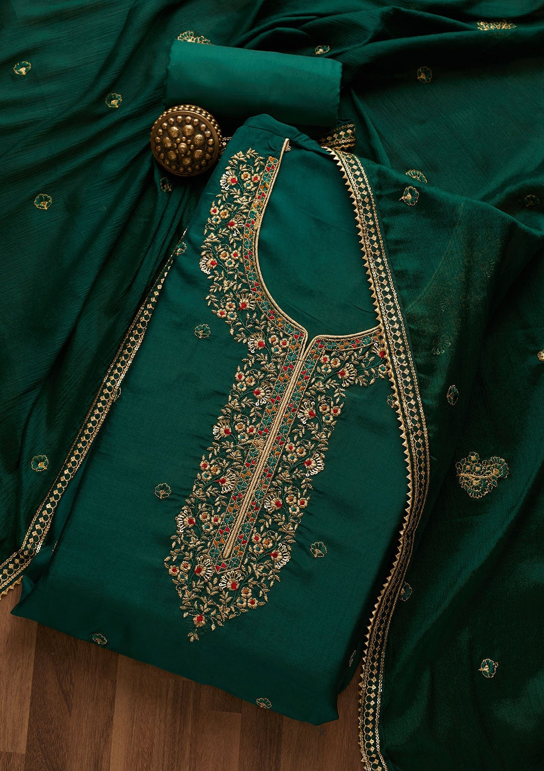 Bottle Green Zariwork Semi Crepe Unstitched Salwar Suit-Koskii