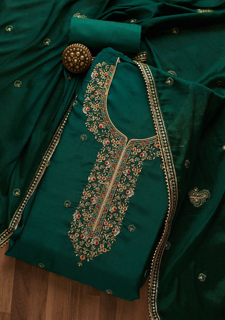 Bottle Green Zariwork Semi Crepe Unstitched Salwar Suit-Koskii