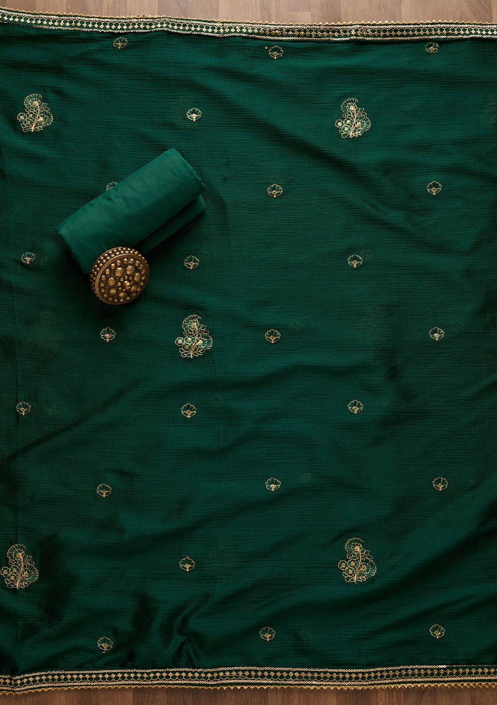 Bottle Green Zariwork Semi Crepe Unstitched Salwar Suit-Koskii