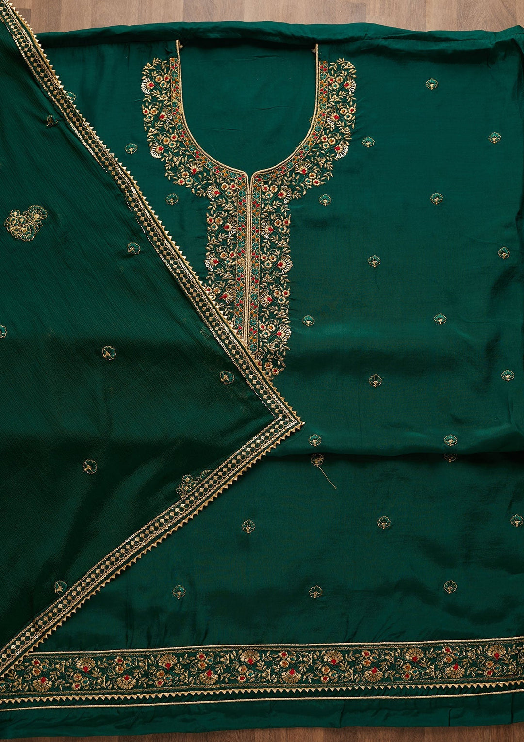 Bottle Green Zariwork Semi Crepe Unstitched Salwar Suit-Koskii