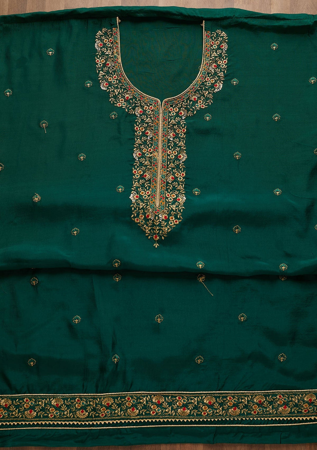 Bottle Green Zariwork Semi Crepe Unstitched Salwar Suit-Koskii