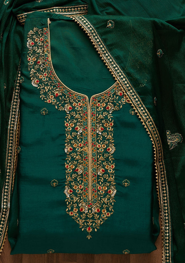 Bottle Green Zariwork Semi Crepe Unstitched Salwar Suit-Koskii