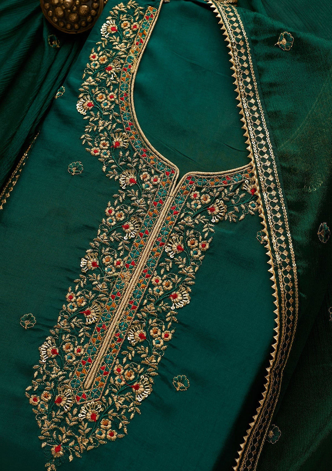 Bottle Green Zariwork Semi Crepe Unstitched Salwar Suit-Koskii