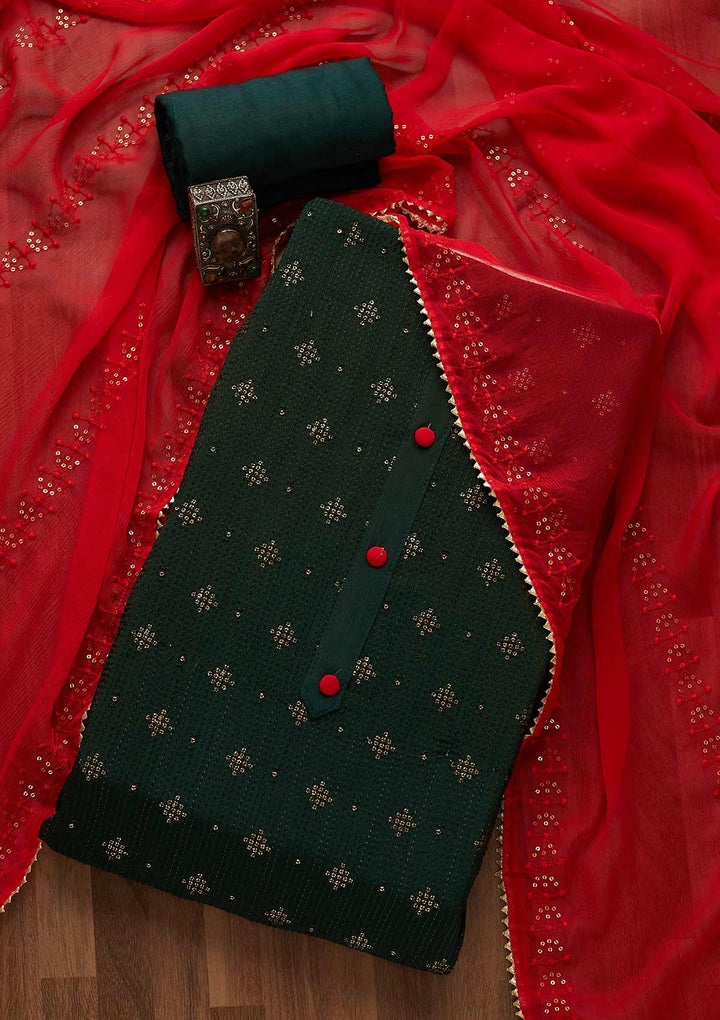 Bottle Green Zariwork Semi Crepe Unstitched Salwar Suit-Koskii