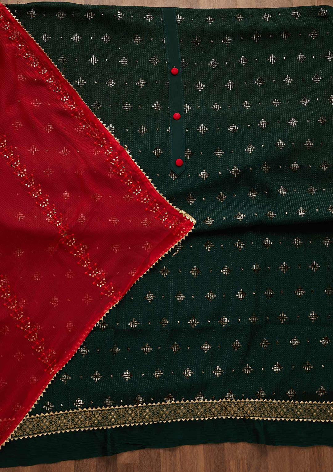 Bottle Green Zariwork Semi Crepe Unstitched Salwar Suit-Koskii