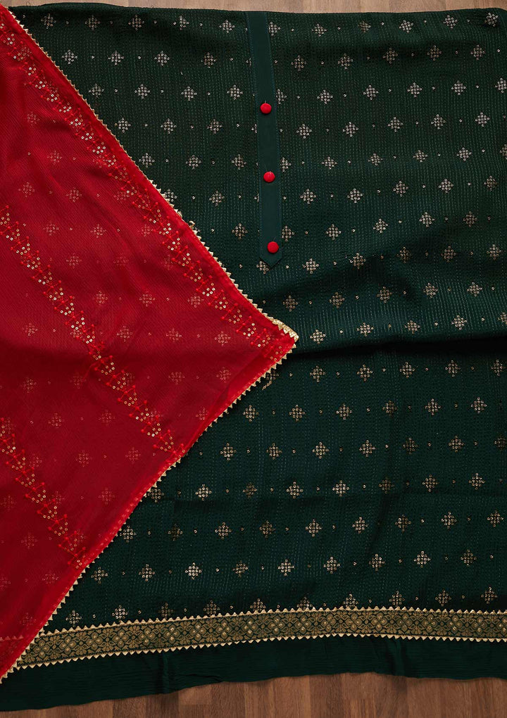 Bottle Green Zariwork Semi Crepe Unstitched Salwar Suit-Koskii