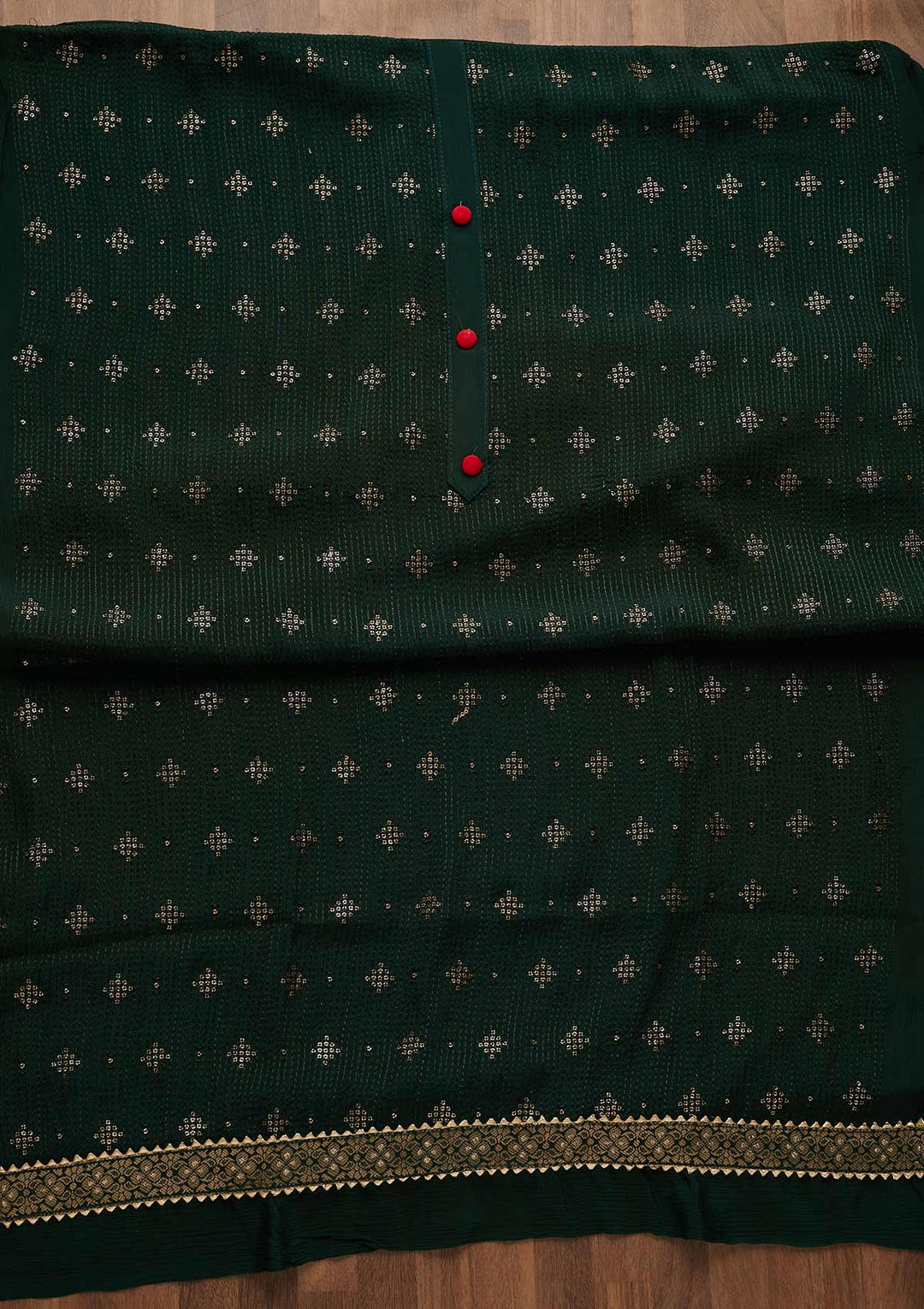 Bottle Green Zariwork Semi Crepe Unstitched Salwar Suit-Koskii