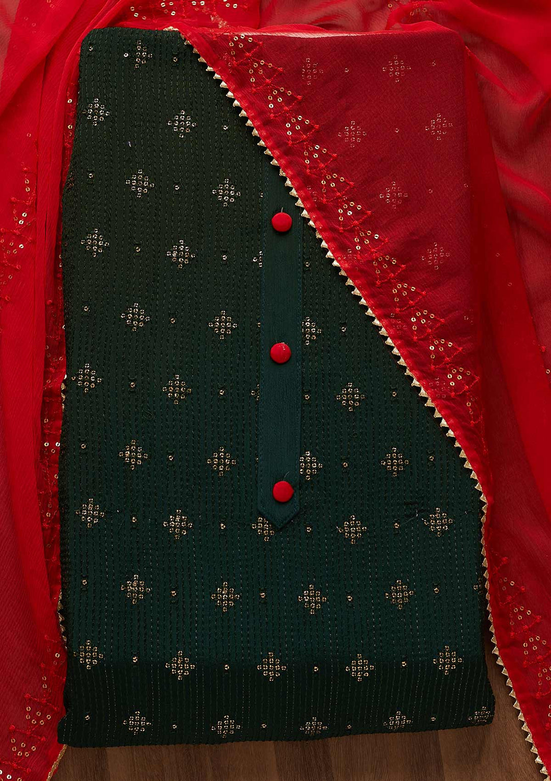 Bottle Green Zariwork Semi Crepe Unstitched Salwar Suit-Koskii