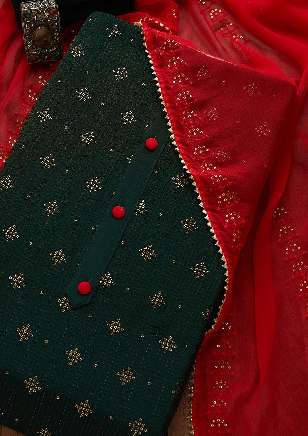 Bottle Green Zariwork Semi Crepe Unstitched Salwar Suit-Koskii