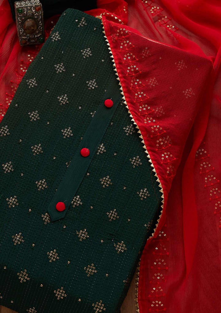 Bottle Green Zariwork Semi Crepe Unstitched Salwar Suit-Koskii