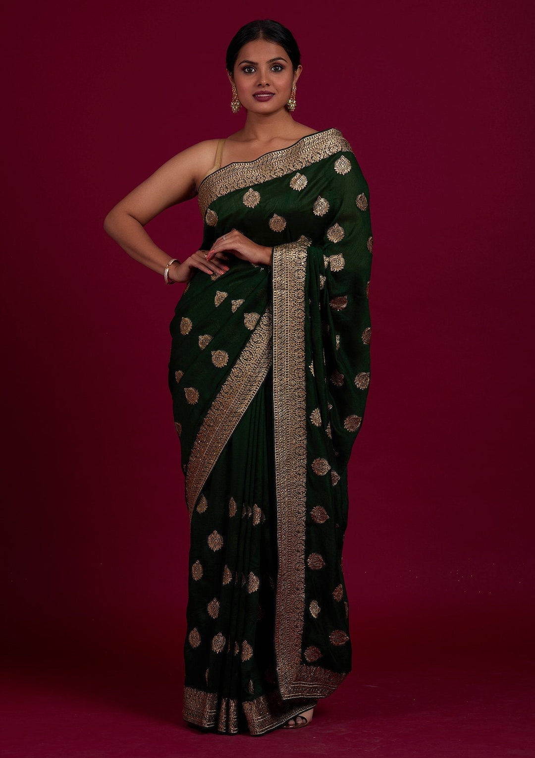 Bottle Green Zariwork Semi Crepe Designer Saree - Koskii