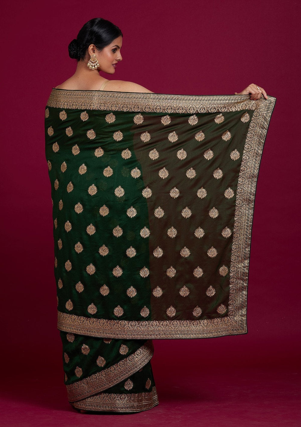 Bottle Green Zariwork Semi Crepe Designer Saree - Koskii