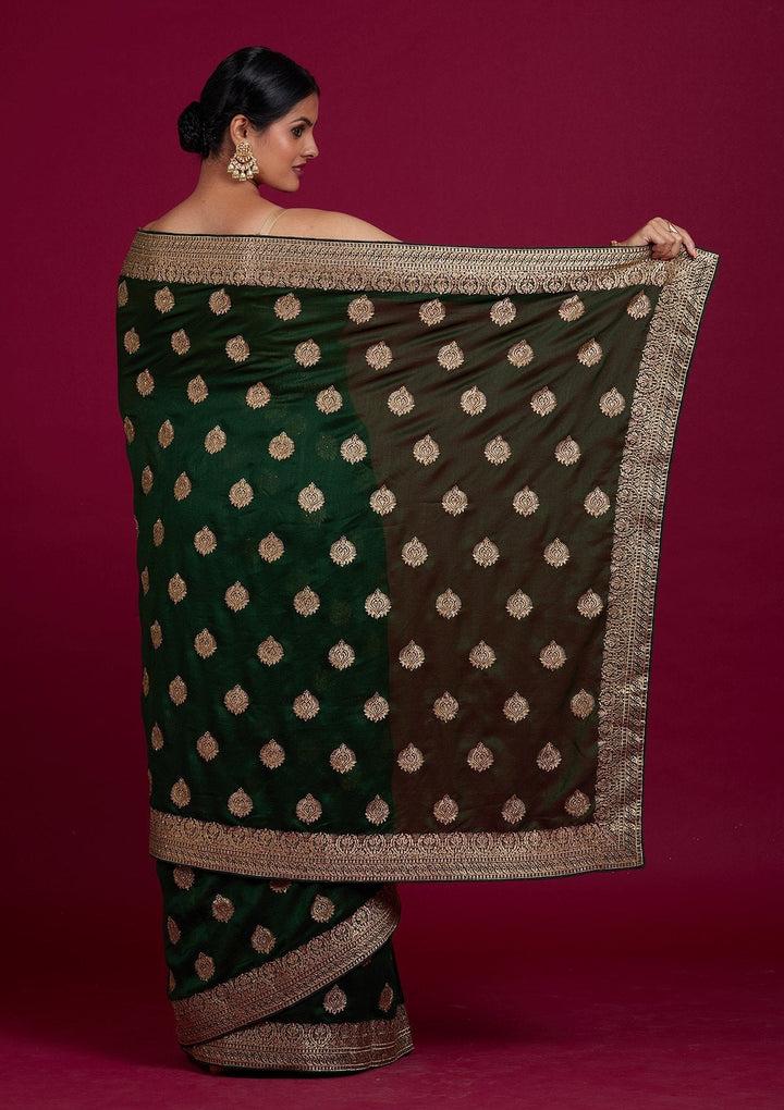 Bottle Green Zariwork Semi Crepe Designer Saree - Koskii